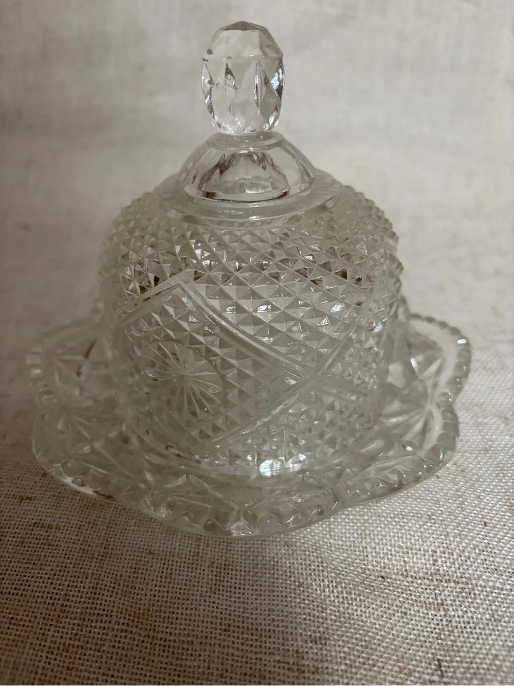 Avon Fostoria Diamond Point Stars Glass Covered Dish Candy Butter 6” 2 Piece